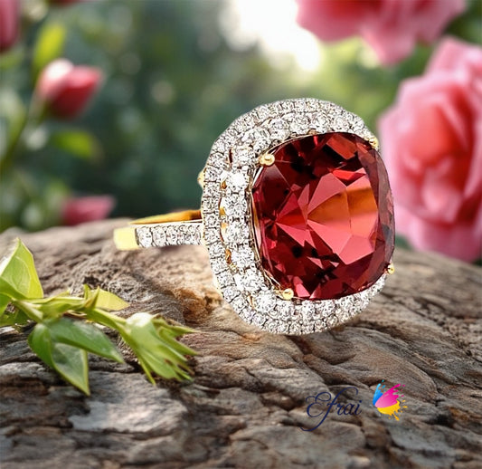 Bright deep red tourmaline and diamonds ring