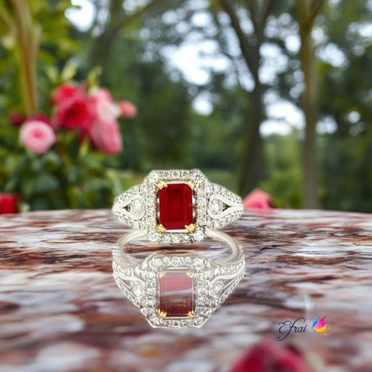 Bright natural red ruby and diamonds ring