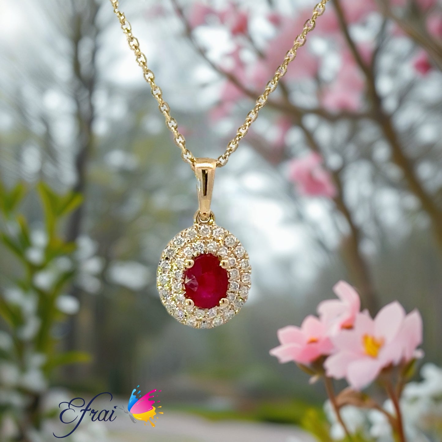 Gorgeous natural ruby and double diamonds halo necklace