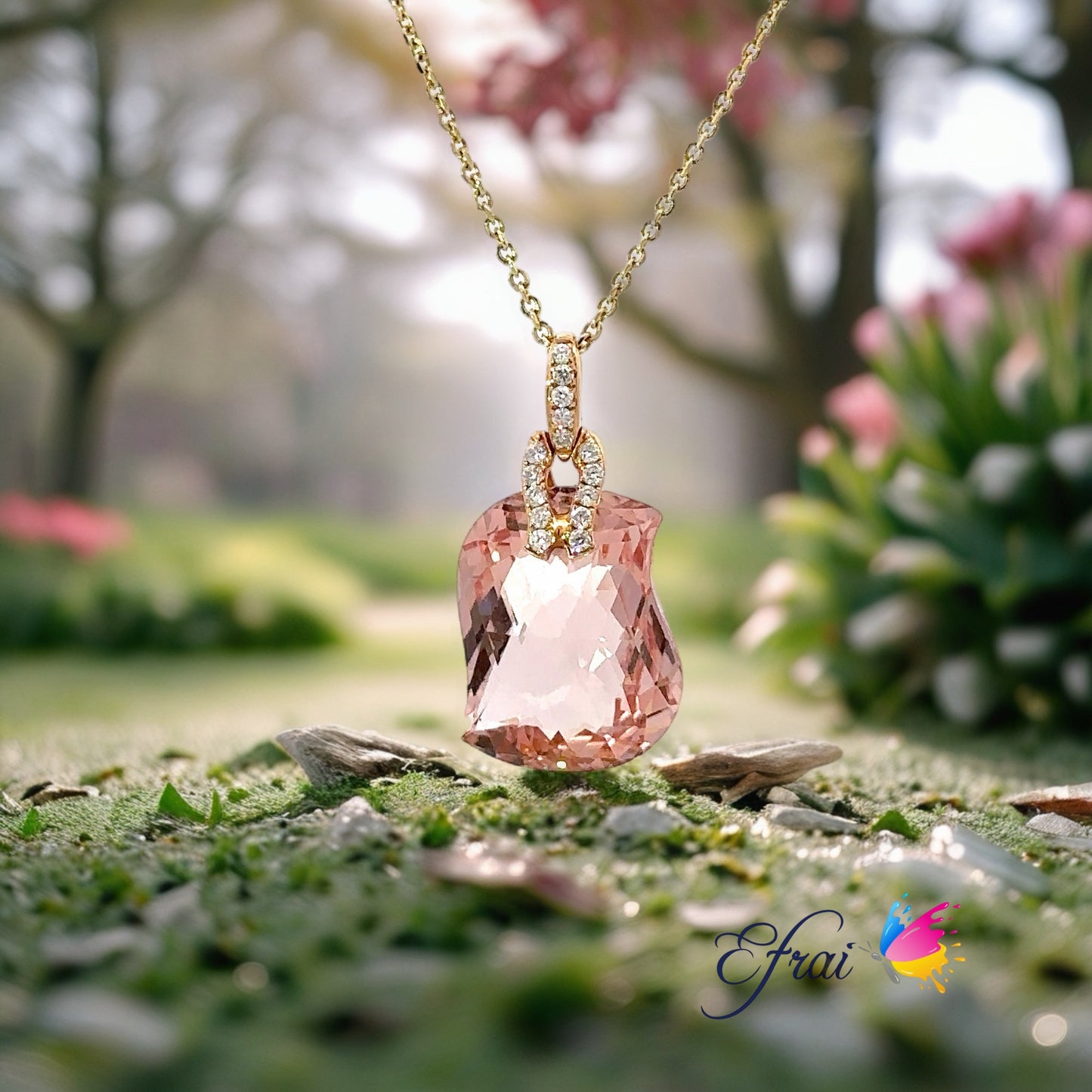 Gorgeous natural pink morganite and diamonds pendant