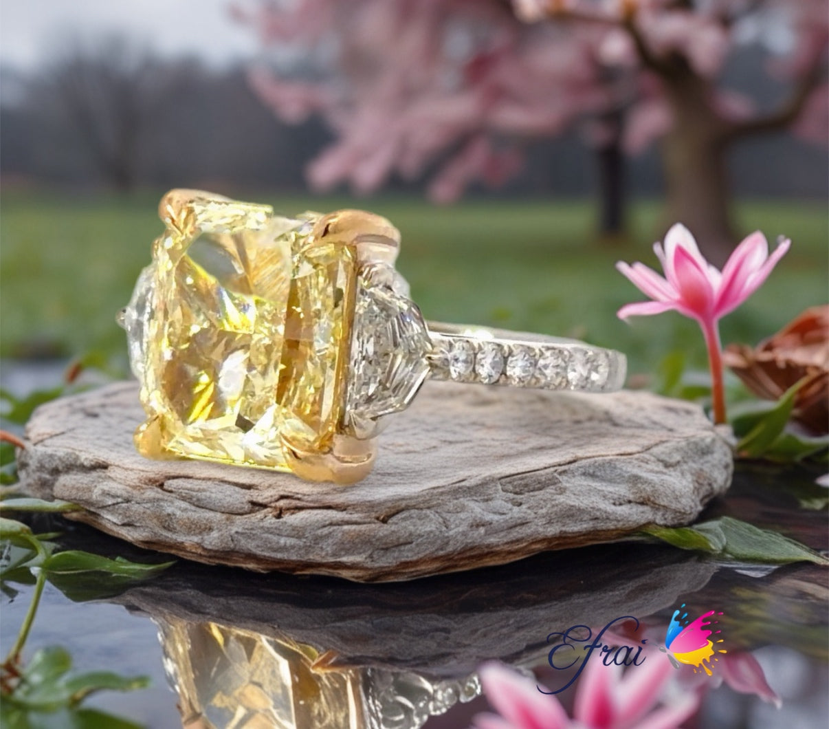 GIA natural Yellow Radiant Diamond  Ring in 18K Yellow and White Gold