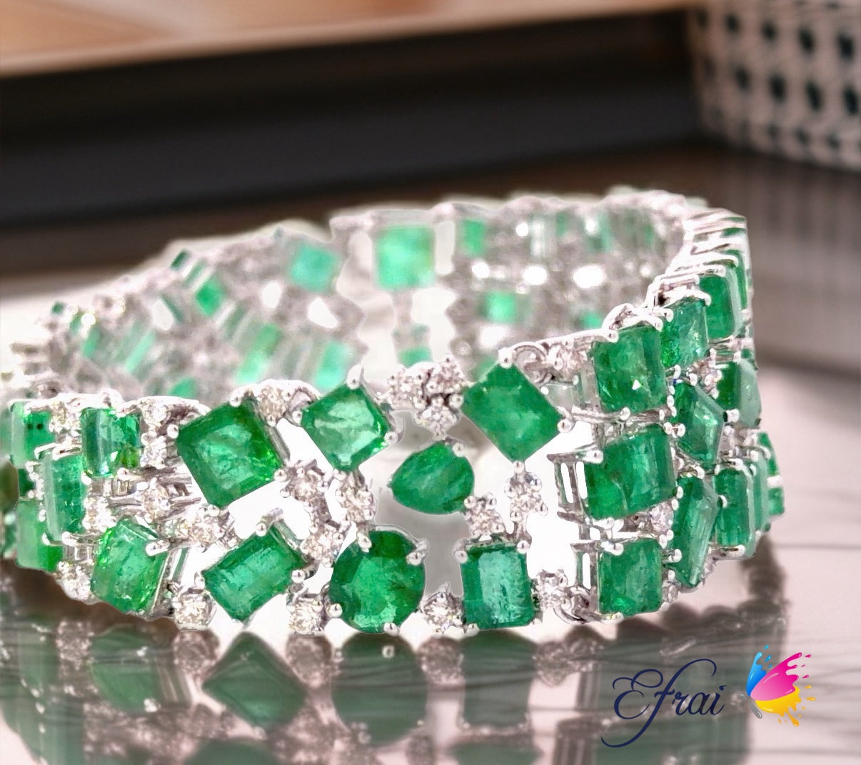 Natural multi shape Emerald and Round Diamond Wide Band Bracelet in White Gold