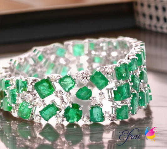 Natural multi shape Emerald and Round Diamond Wide Band Bracelet in White Gold