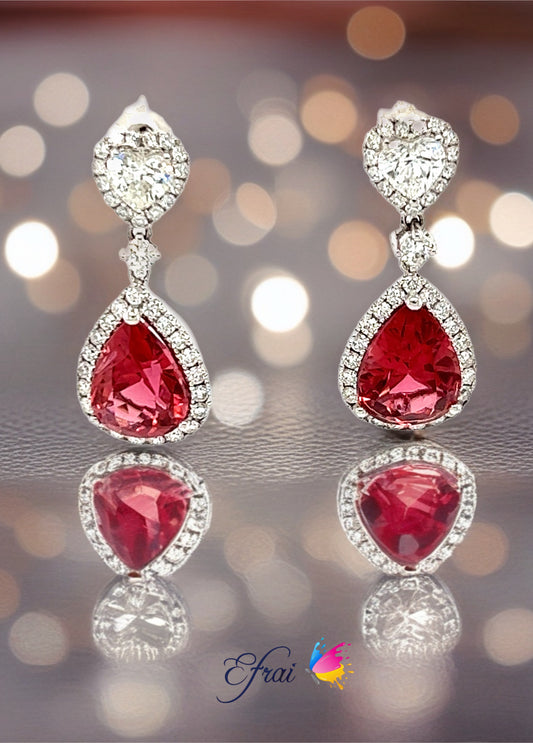Pear shape Red Tourmalines and diamonds earrings