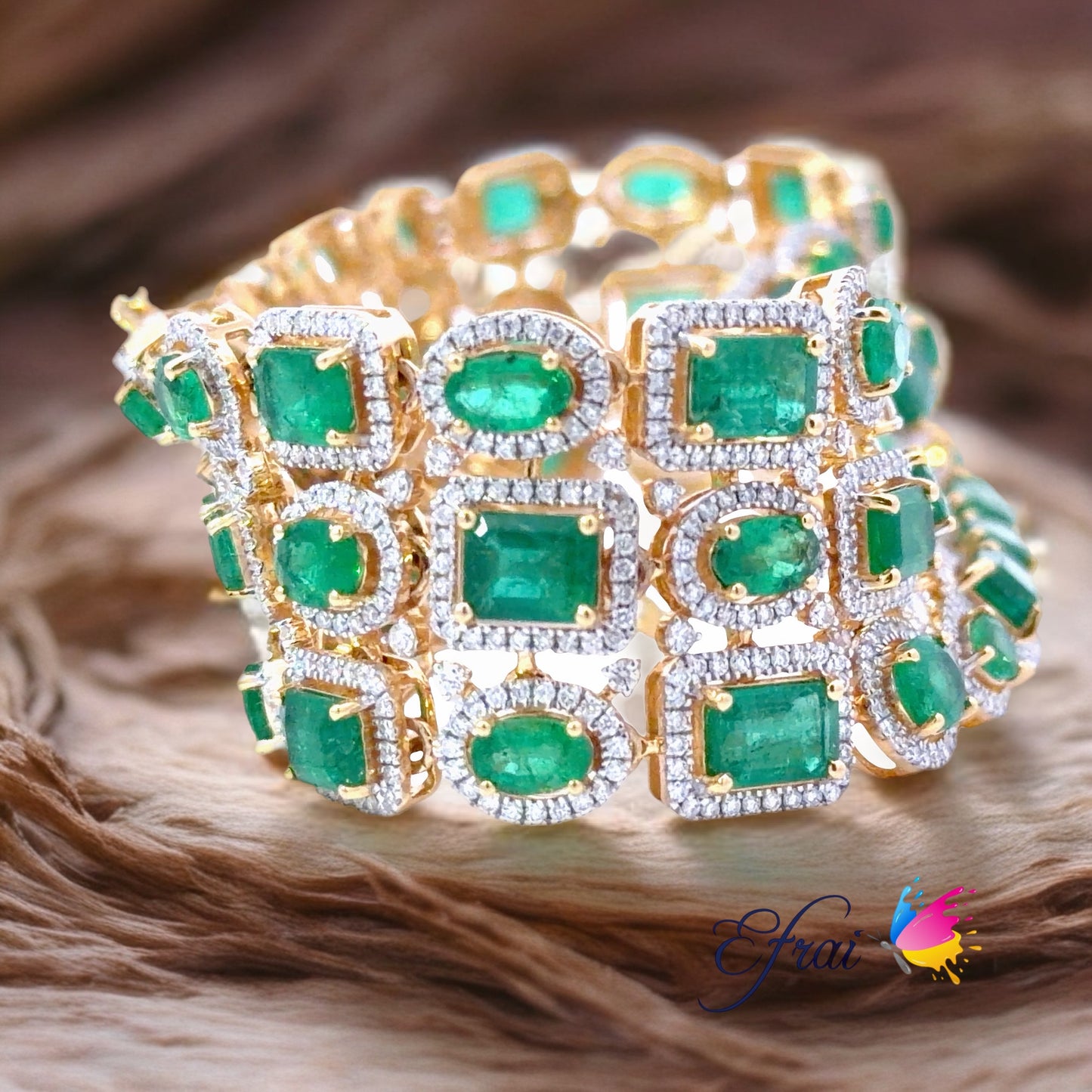 Natural Multi shape Emerald and Diamonds Halo Mosaic Bracelet in Yellow Gold