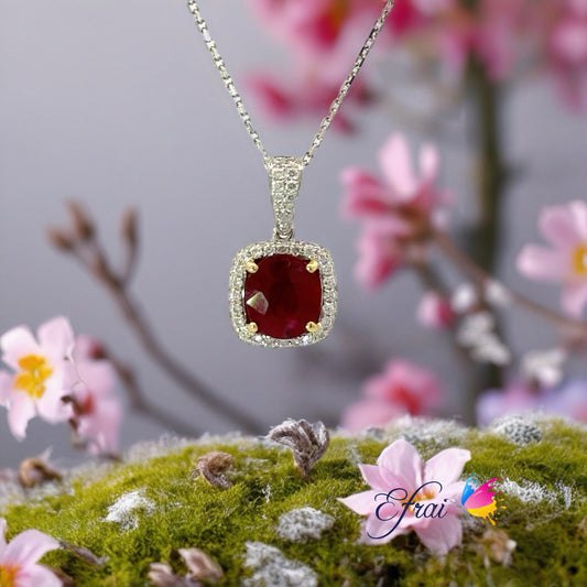Natural deep red ruby and diamonds necklace