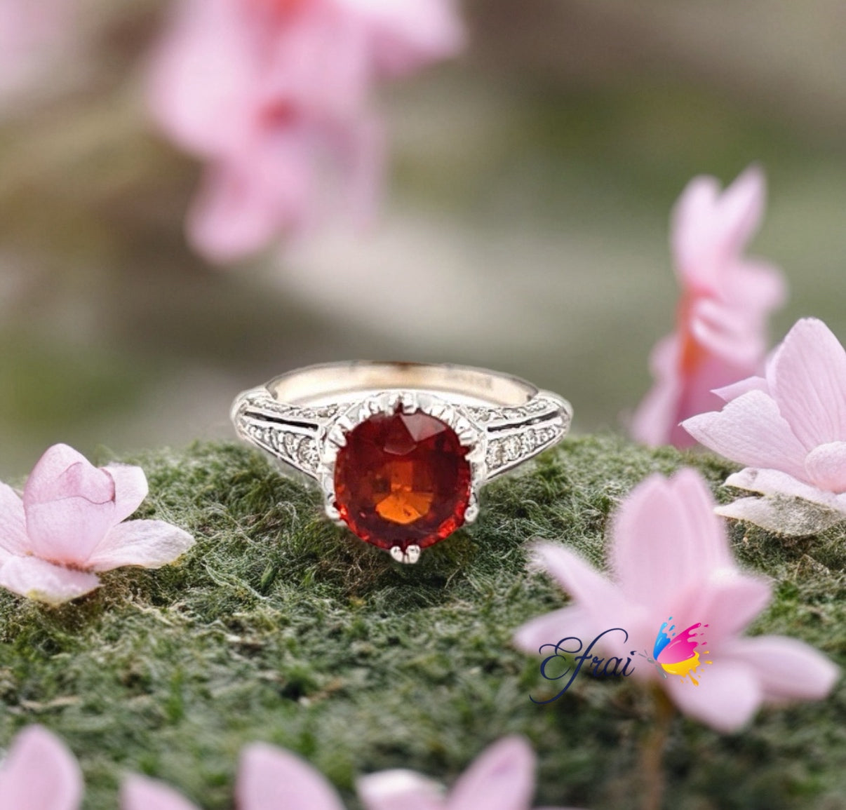 Deep blood orange garnet diamonds ring
