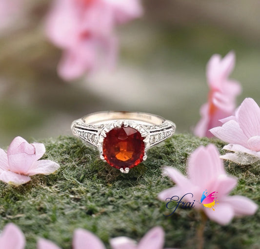 Deep blood orange garnet diamonds ring