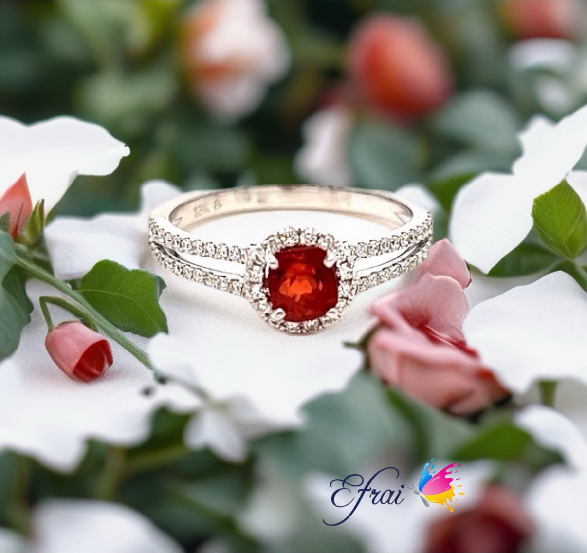 Deep orange red spinel diamonds ring