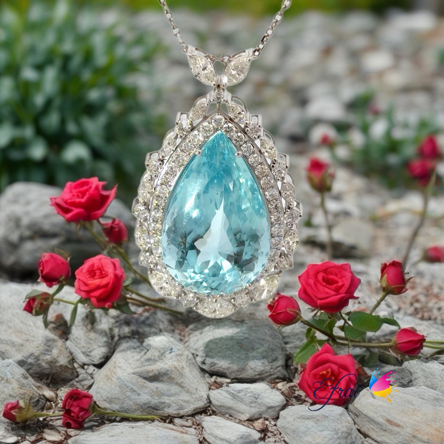 Natural Aquamarine and diamonds Necklace in 18K White Gold