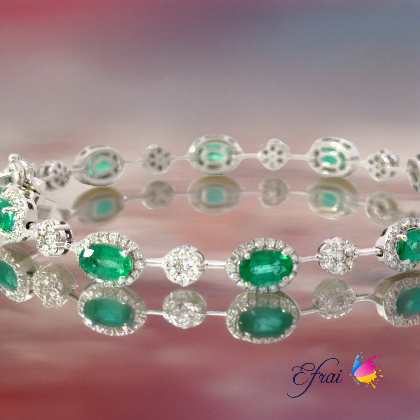 18K White Gold Tennis Bracelet with Natural Oval Emeralds and diamonds