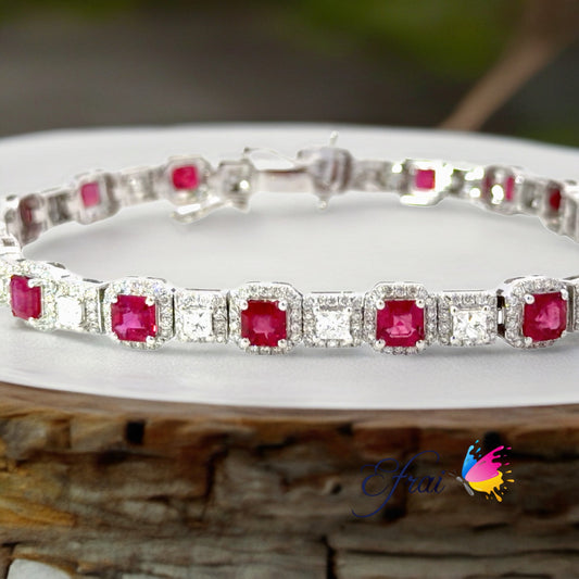 Exquisite 14K White Gold Natural Ruby and diamonds Tennis Bracelet
