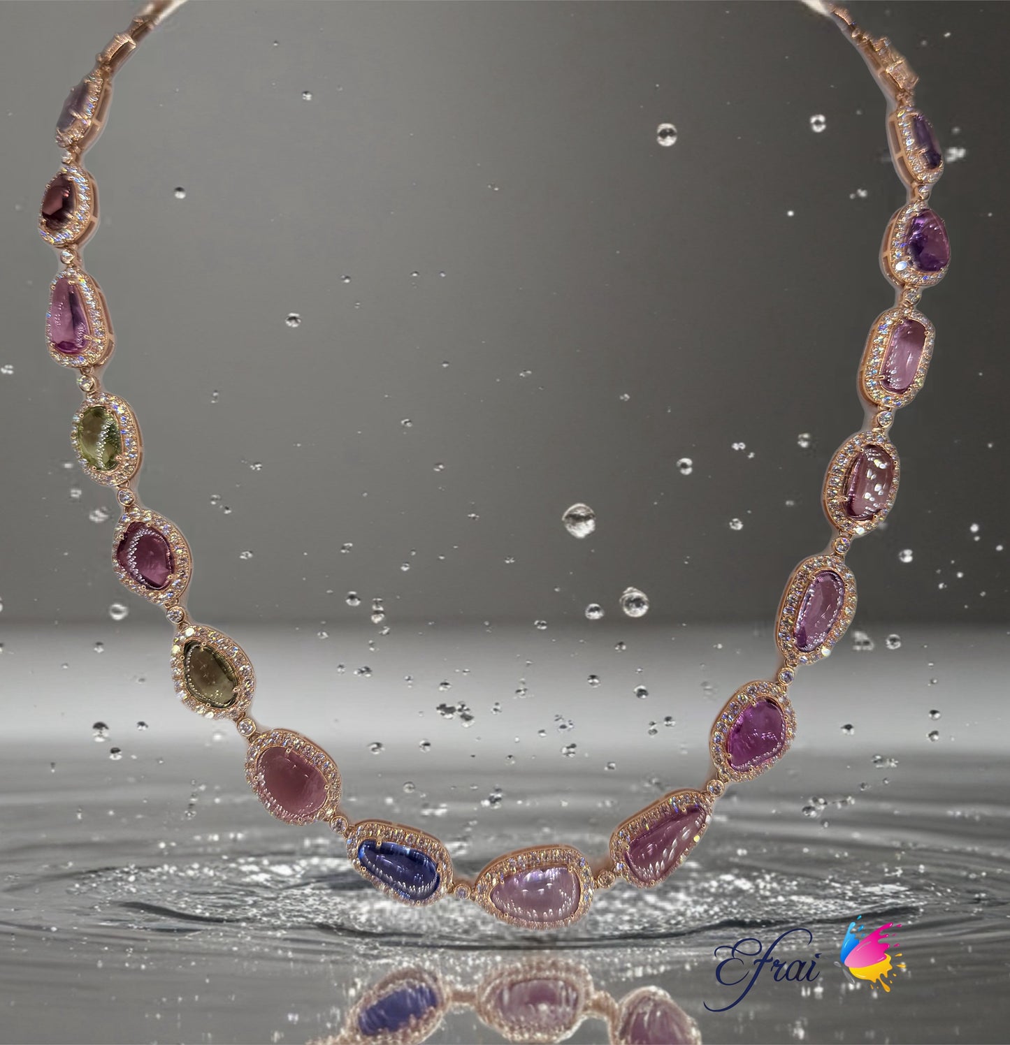 14K Rose Gold Necklace with certified Natural mixed colors sapphires Cabochons and diamonds