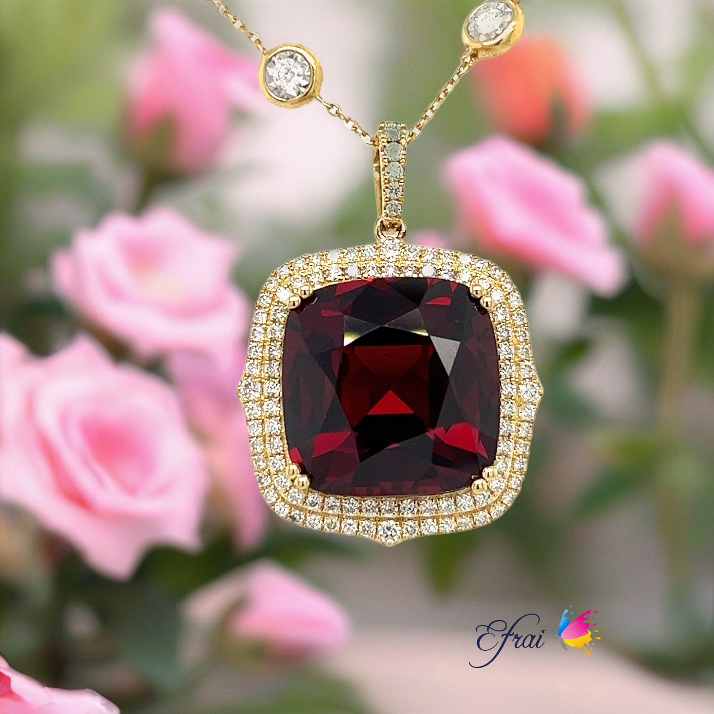 Natural Red Garnet and diamonds necklace