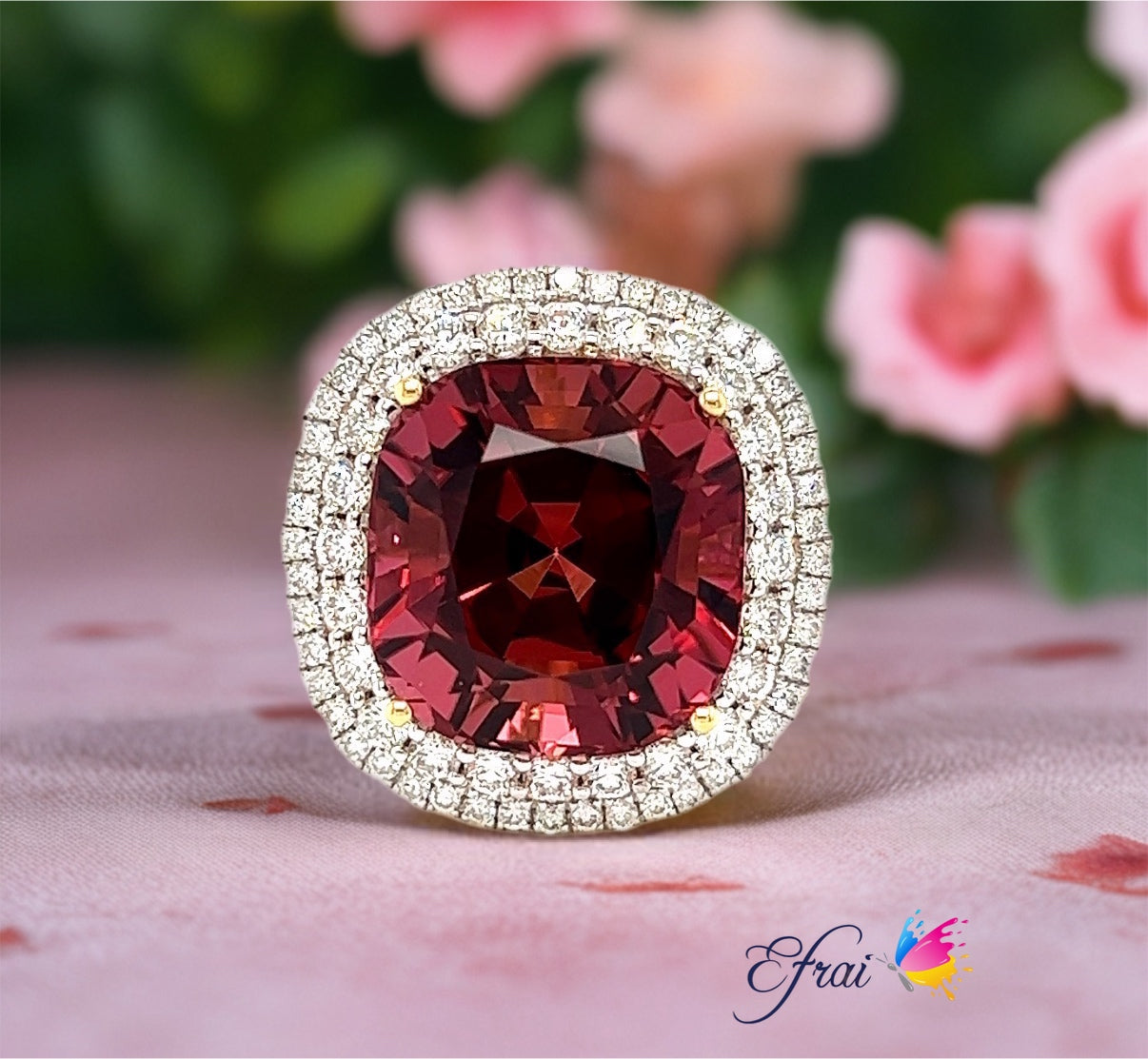 Bright deep red tourmaline and diamonds ring