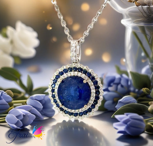 Natural Royal Blue Sapphire and Diamond Halo Pendant — White Gold