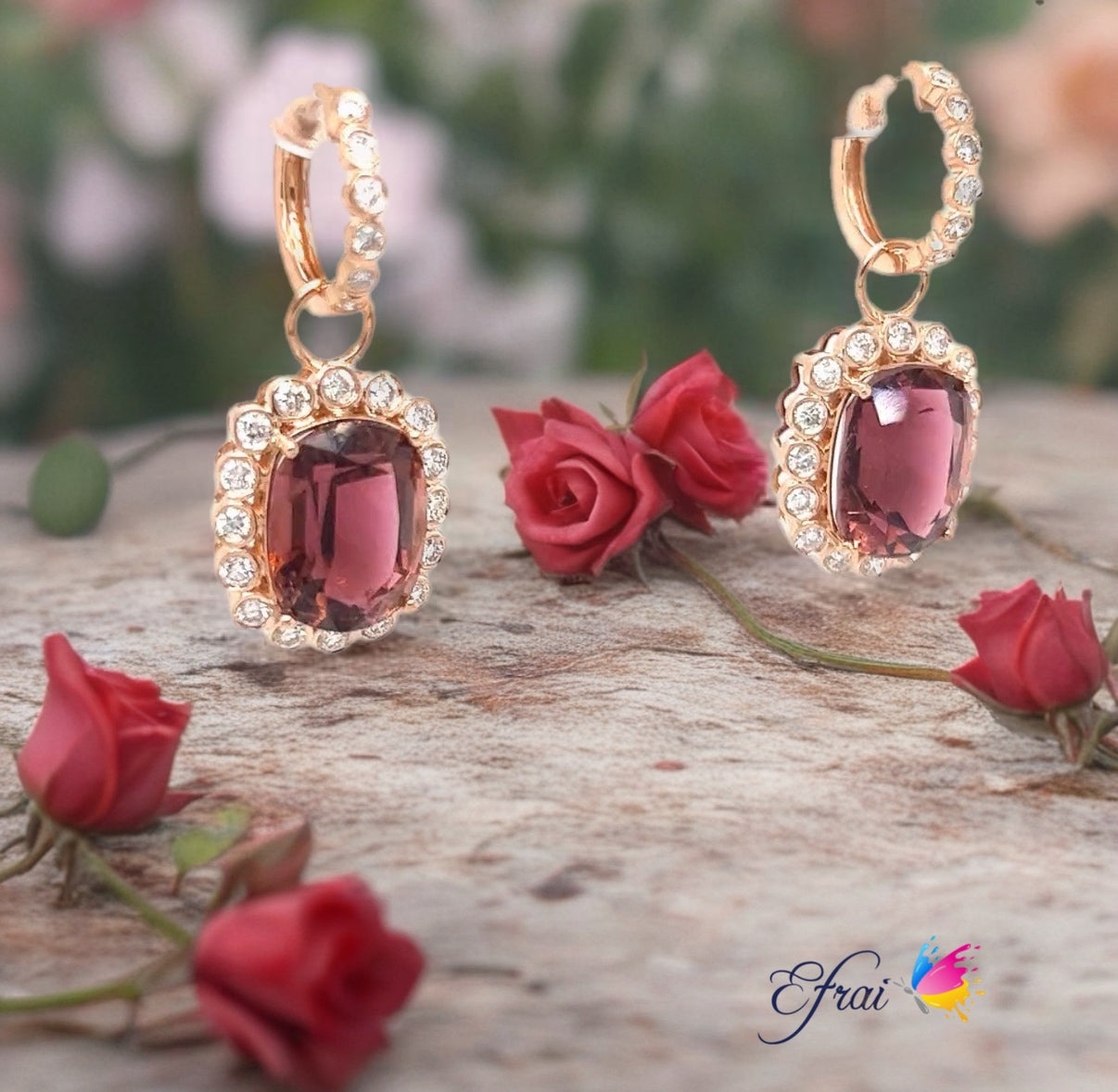 Oval pink tourmalines diamonds earrings