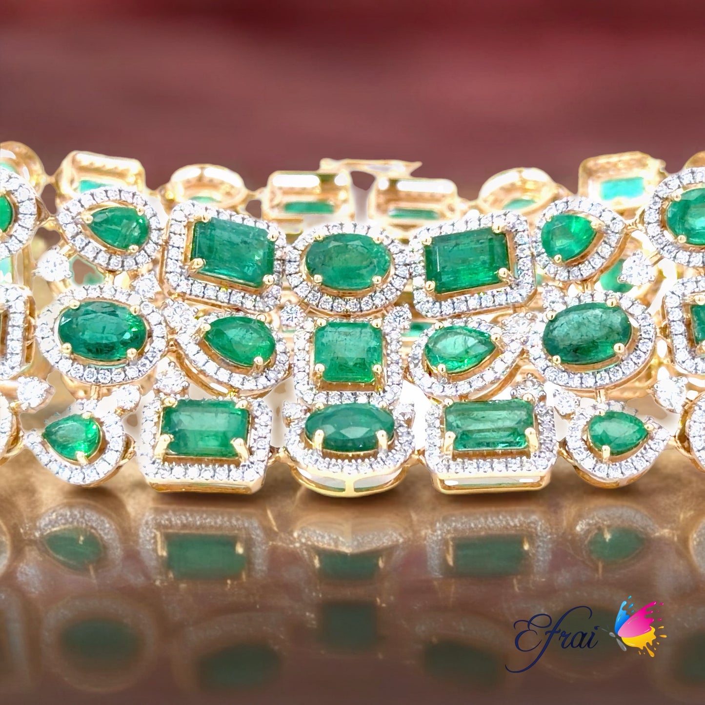 Natural Multi shape Emerald and Diamonds Halo Mosaic Bracelet in Yellow Gold