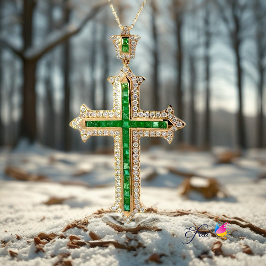 Elegant  natural Emerald and diamonds Cross Pendant