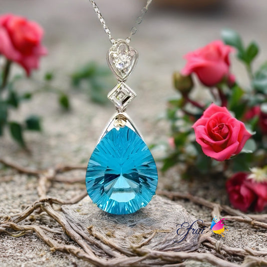 White Gold Pendant with Pear-Shaped Swiss blue topaz and diamonds