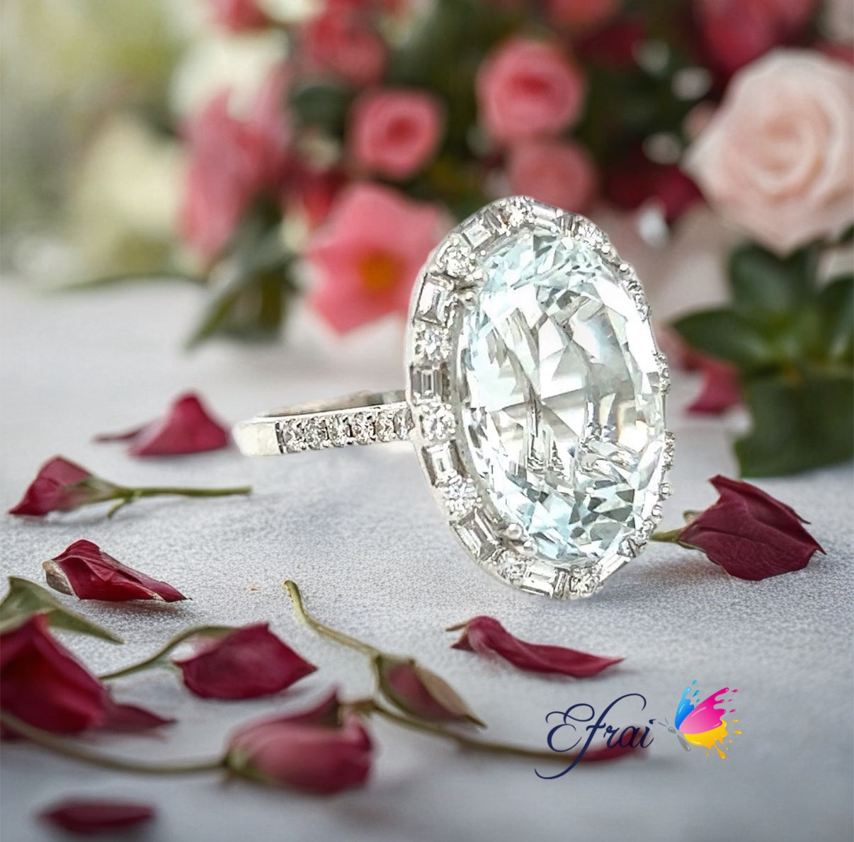 Natural blue aquamarine and diamonds ring