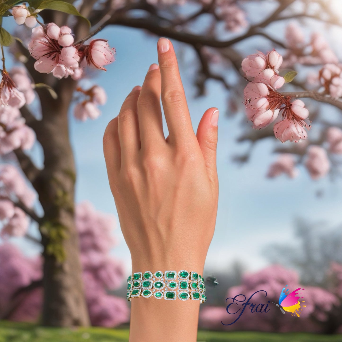 Natural Multi shape Emerald and Diamonds Halo Mosaic Bracelet in Yellow Gold