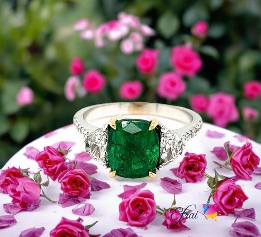GIA certified Cushion natural emerald and diamonds ring
