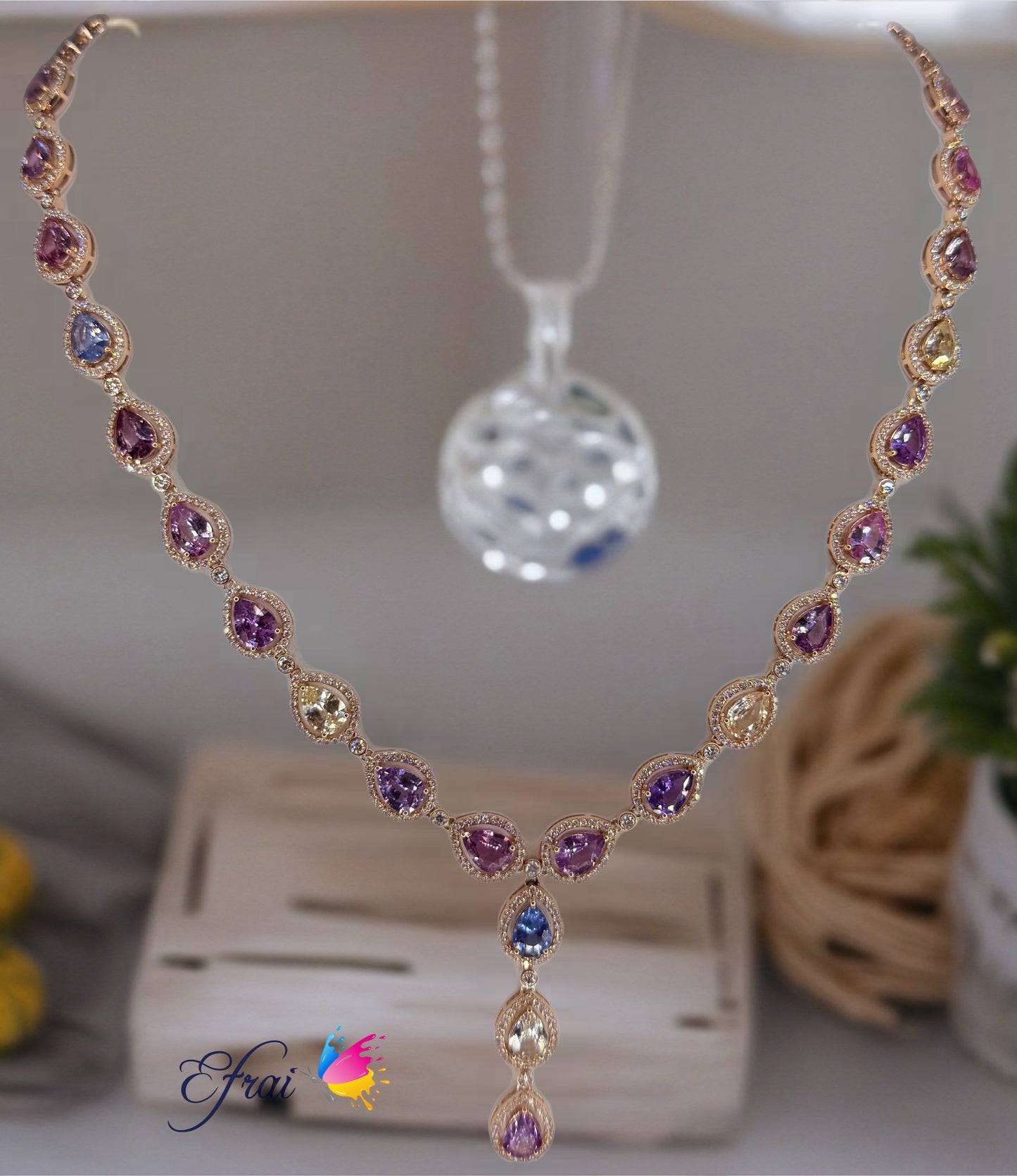 18k Rose Gold Necklace with Natural mixed colors Pear-Shaped Sapphires and diamonds