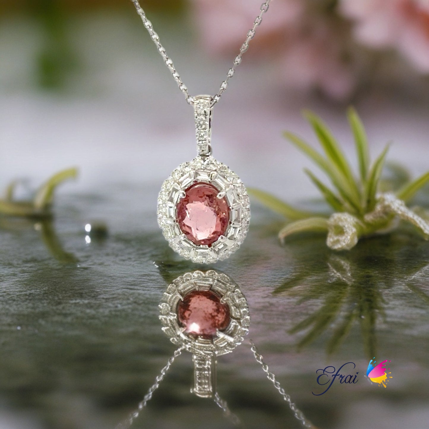 Natural Oval Pink tourmaline and diamonds necklace