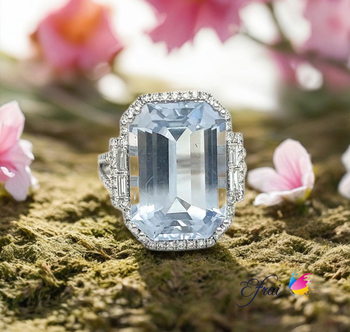 Natural aquamarine and diamonds ring
