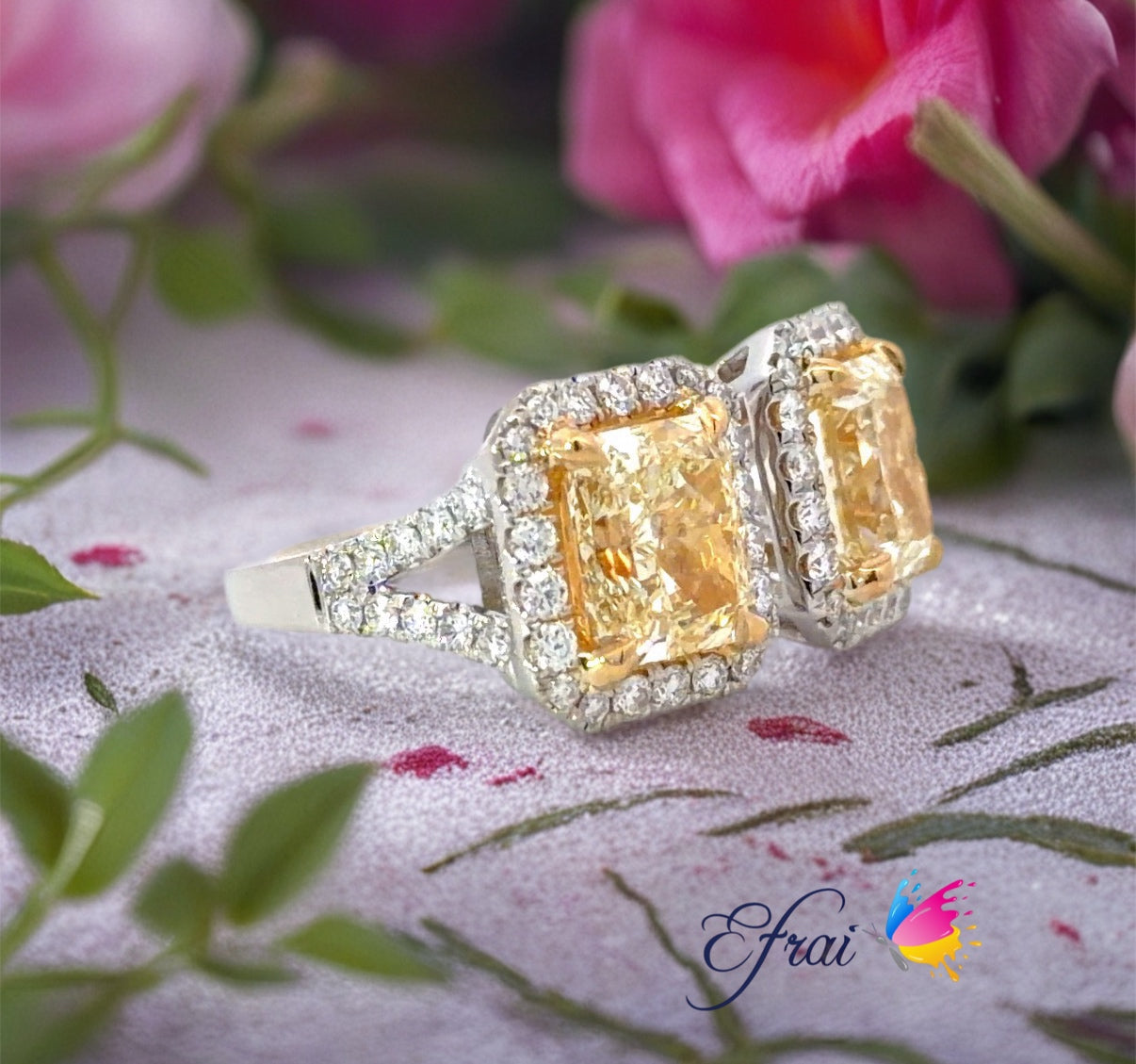 GIA Natural Radiant Yellow Diamonds Halo Moi et Toi ring set in 18K Gold
