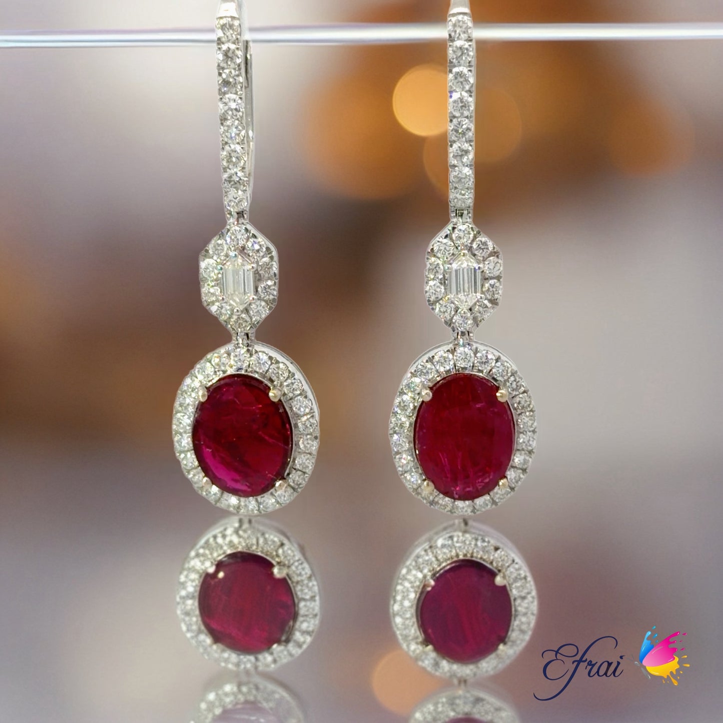 GIA No heat, Dazzling 18K white gold Dangle Earrings with Natural Oval Ruby and Diamonds