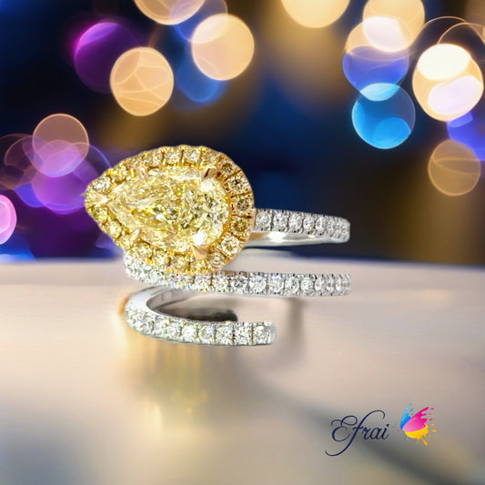 Natural Yellow Diamond Pear Halo Spiral Cocktail Ring