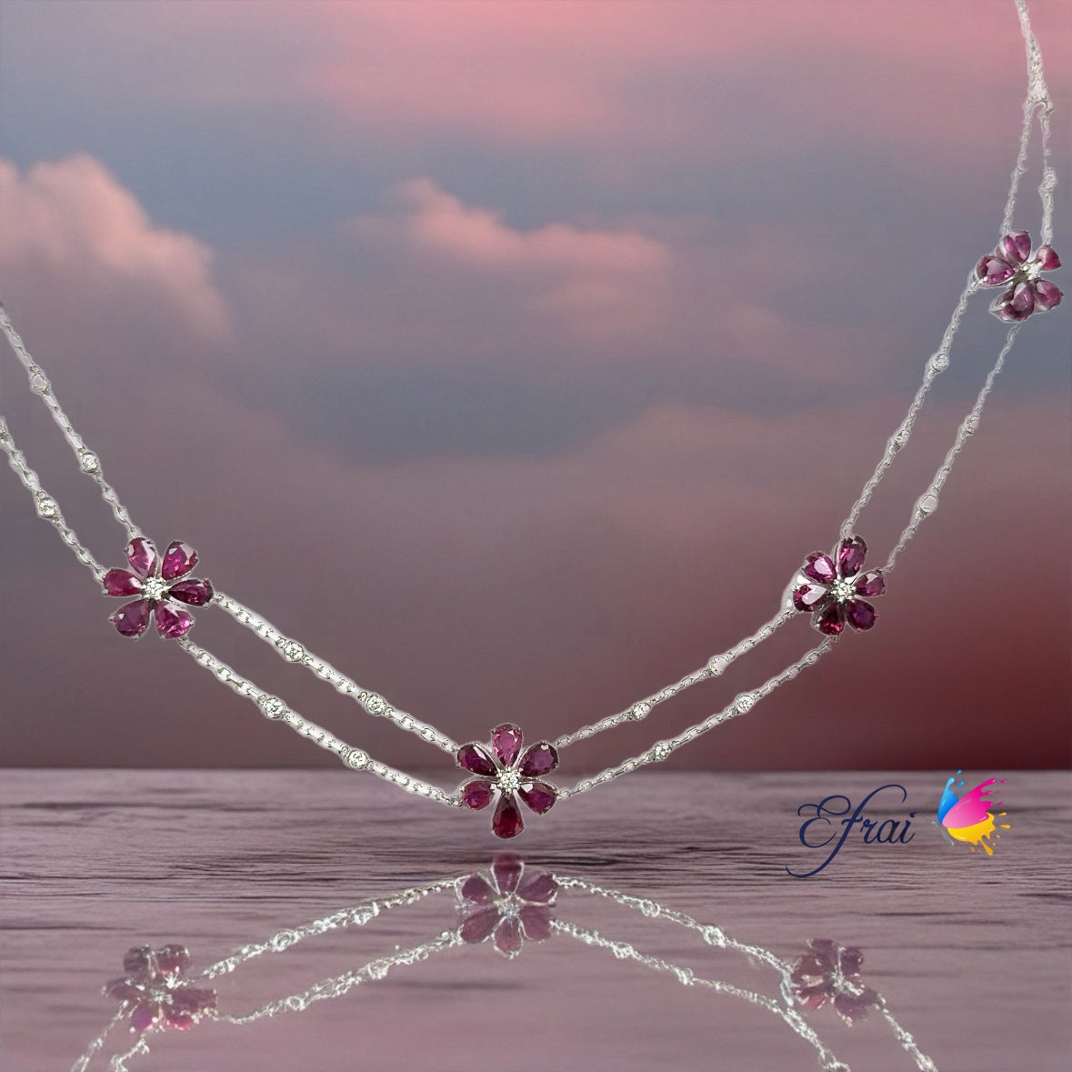 Natural red rubies flowers motif and diamonds necklace