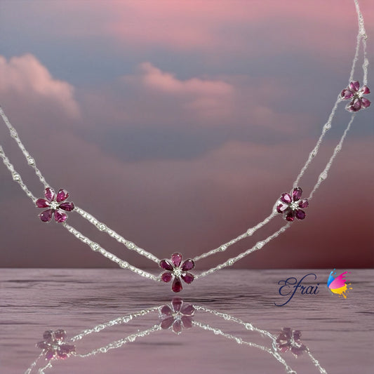 Natural red rubies flowers motif and diamonds necklace
