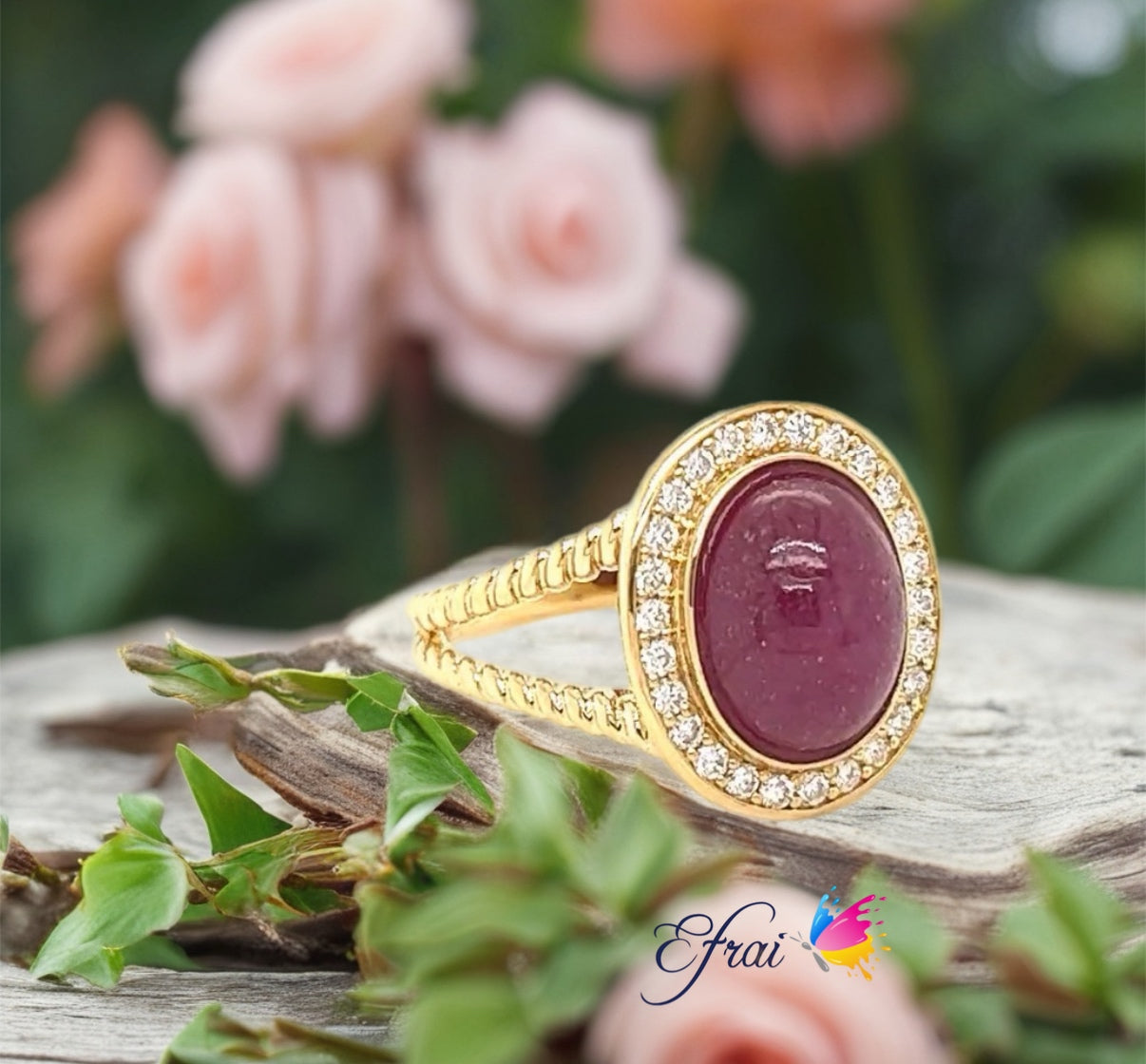 Ruby cabochon oval and diamonds ring