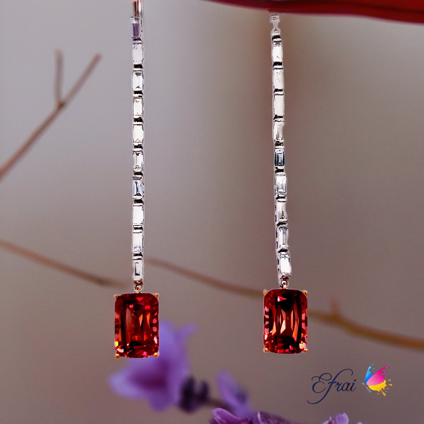 unique elegant deep pink tourmaline and baguette diamonds earrings