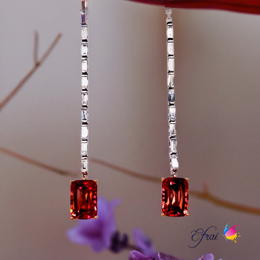 unique elegant deep pink tourmaline and baguette diamonds earrings