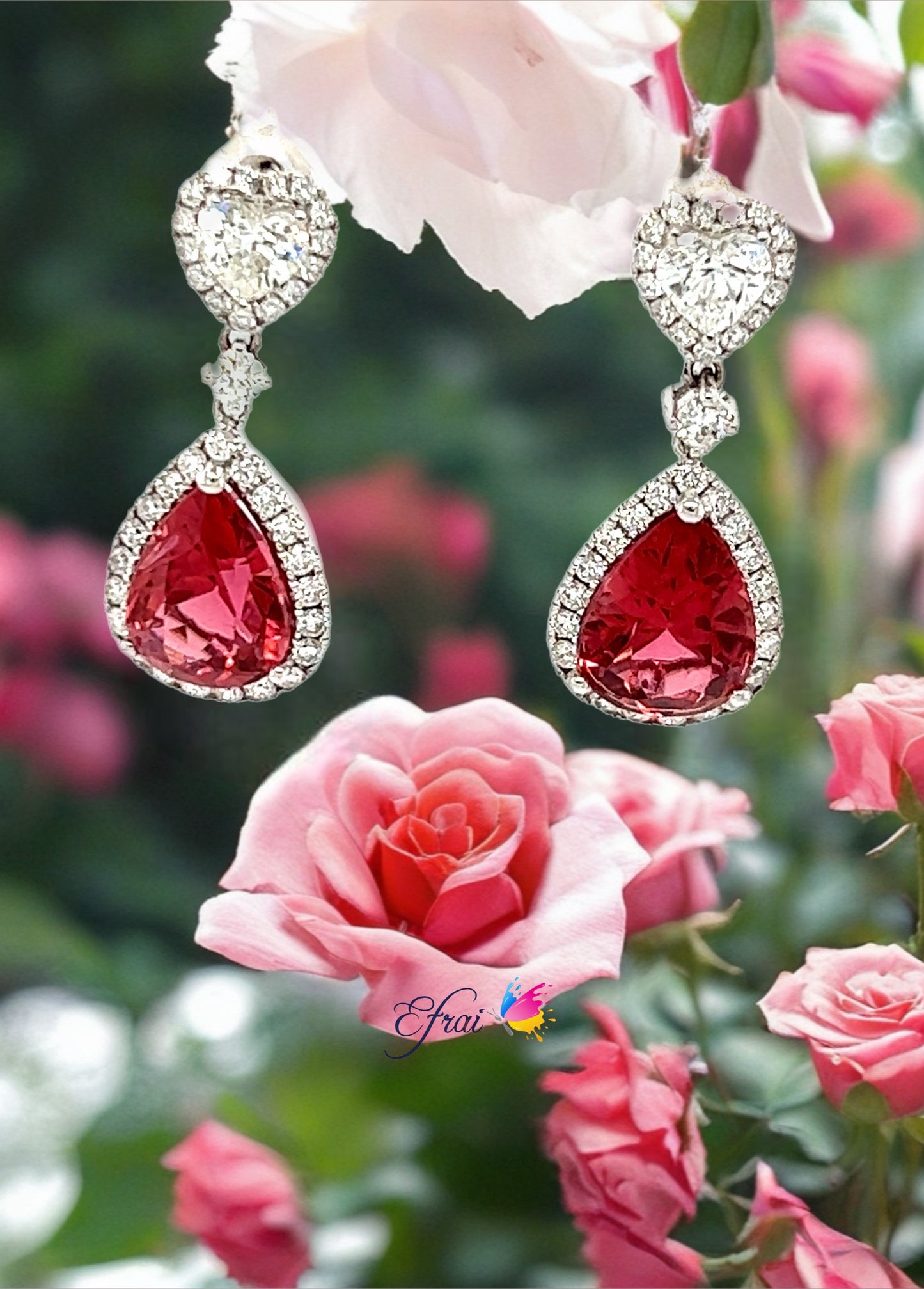 Pear shape Red Tourmalines and diamonds earrings