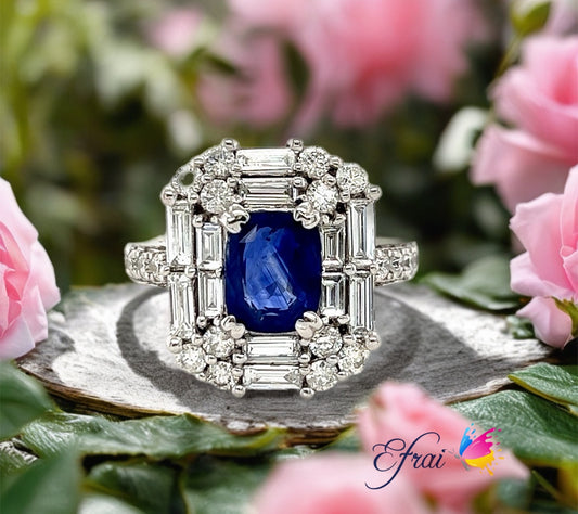 GIA Cushion blue sapphire diamonds ring