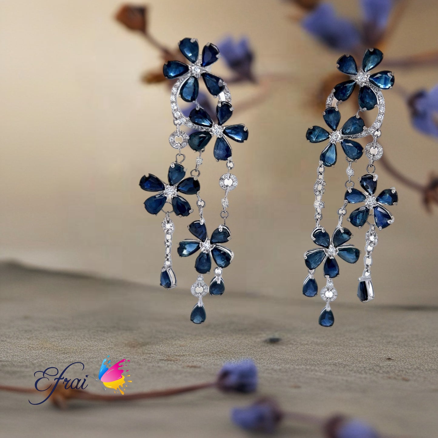 Blue sapphires flowers diamonds earrings