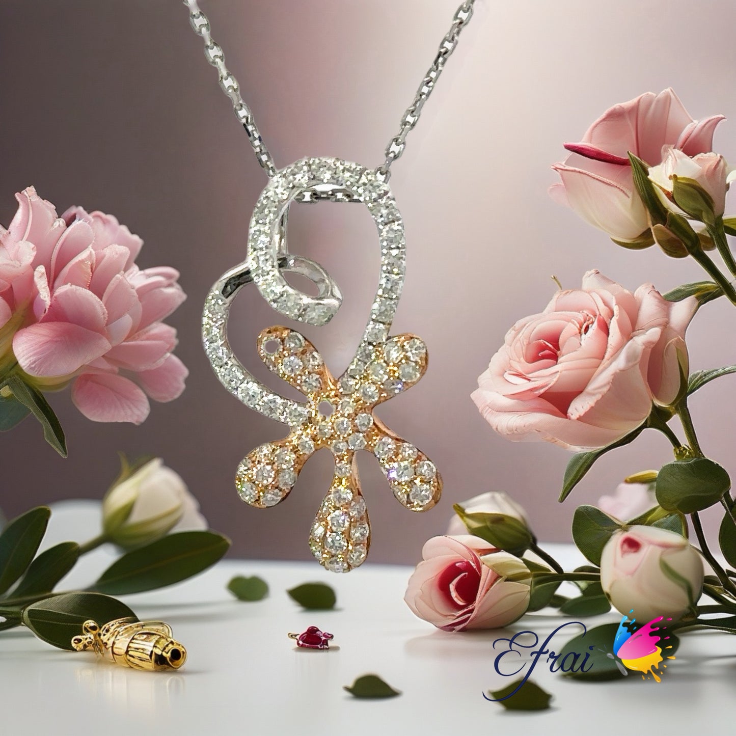 Diamond heart and flower necklace