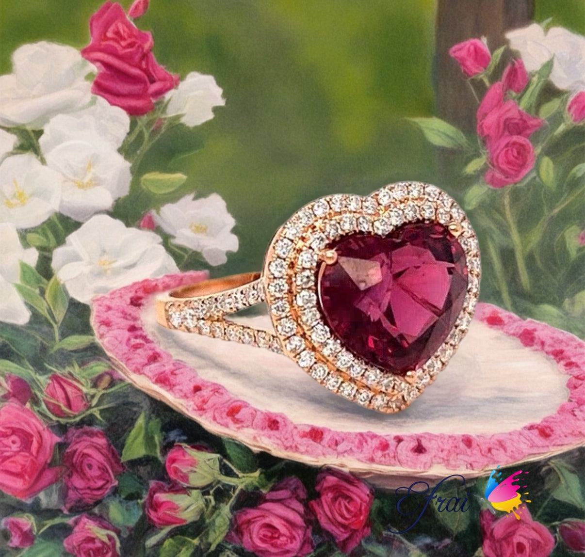 Garnet heart red and diamonds ring