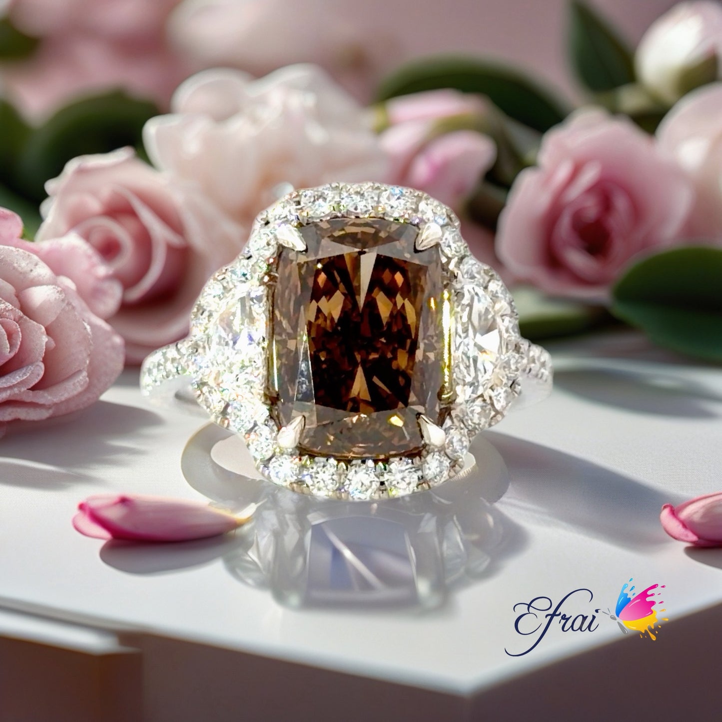 Natural Fancy Champagne brown Diamond Halo Engagement Ring in White Gold