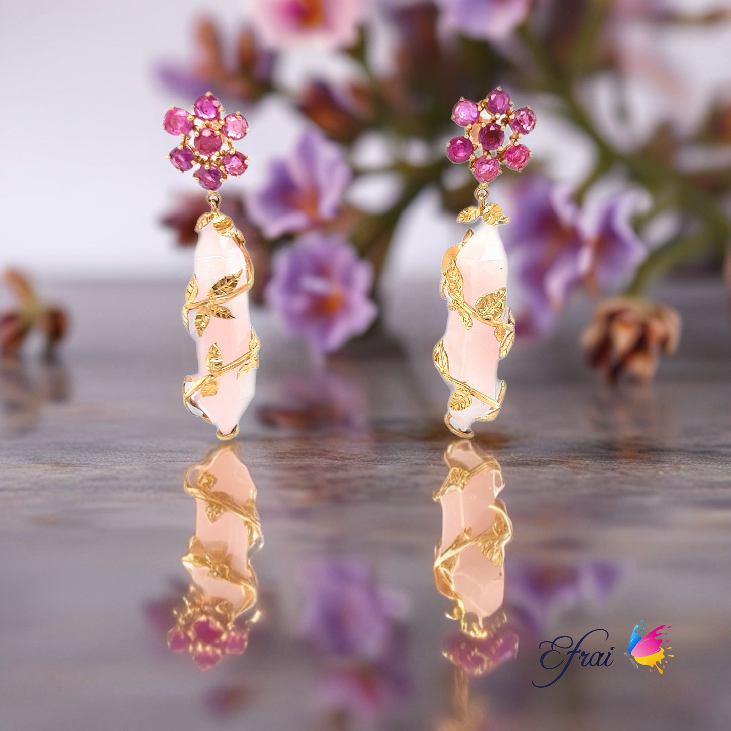 Rose quartz and rubies earrings