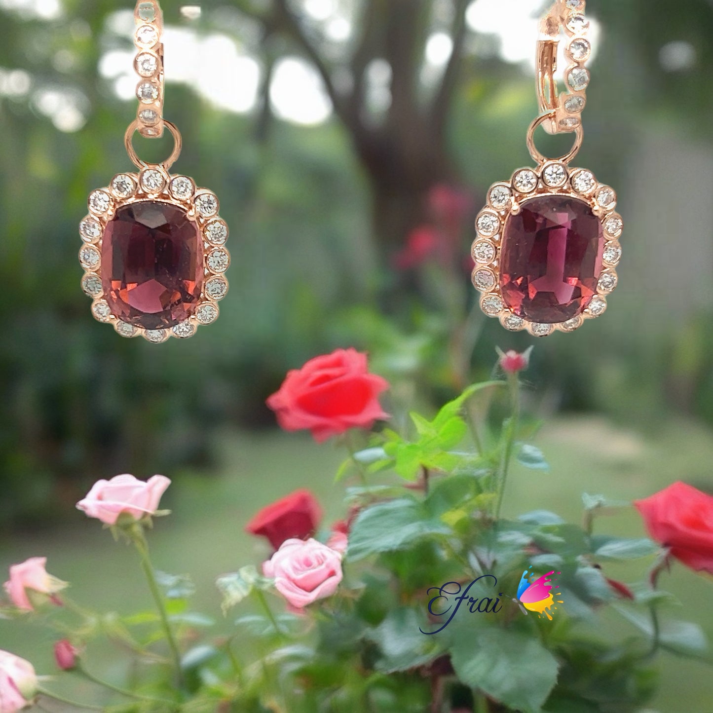 Oval pink tourmalines diamonds earrings