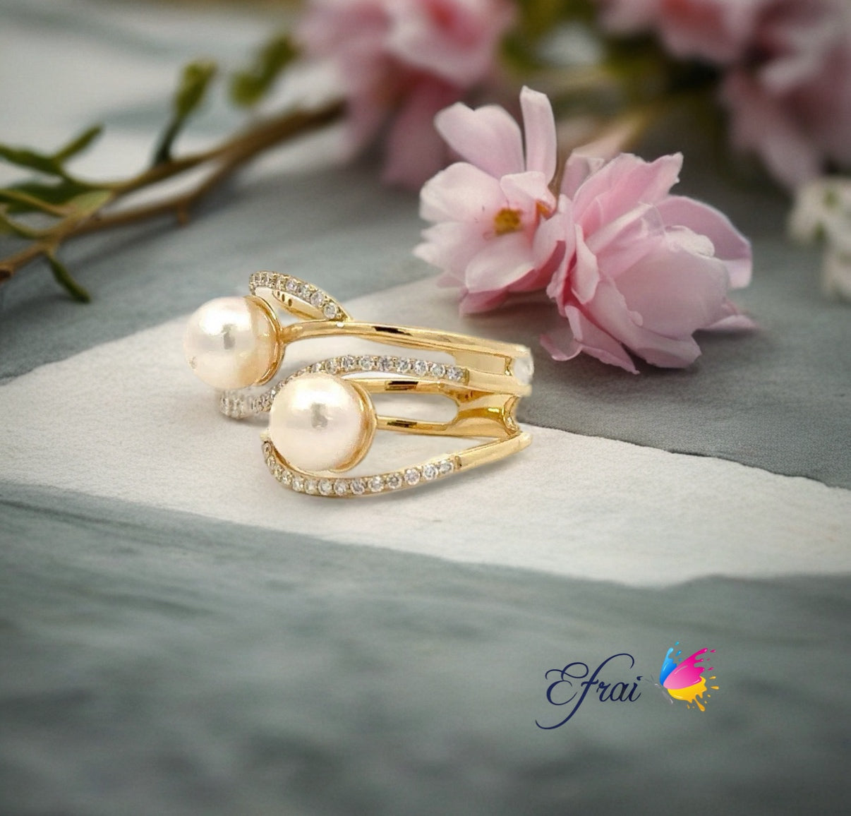Double natural pearls and diamonds ring