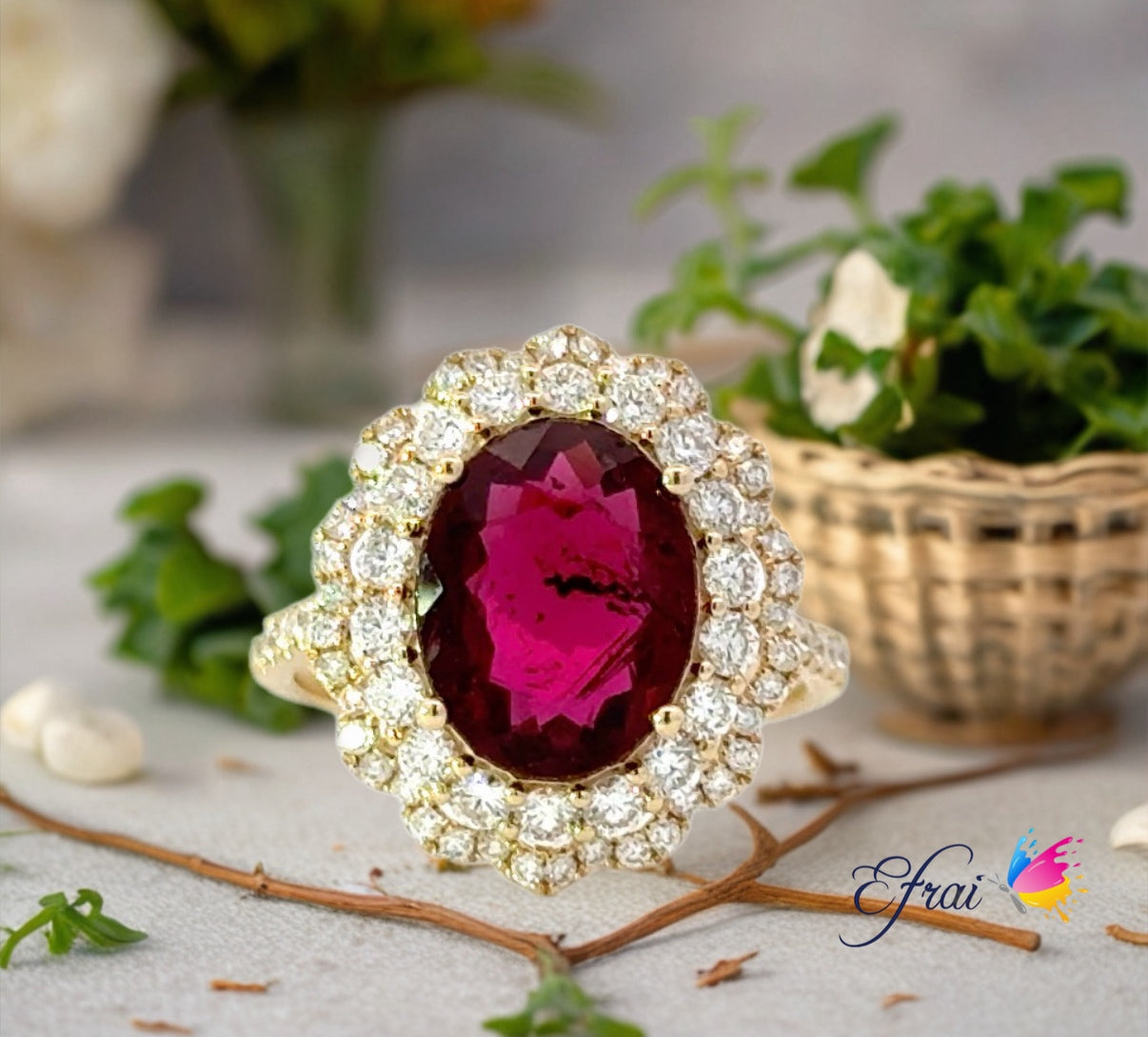 Deep burgundy red tourmaline diamonds ring