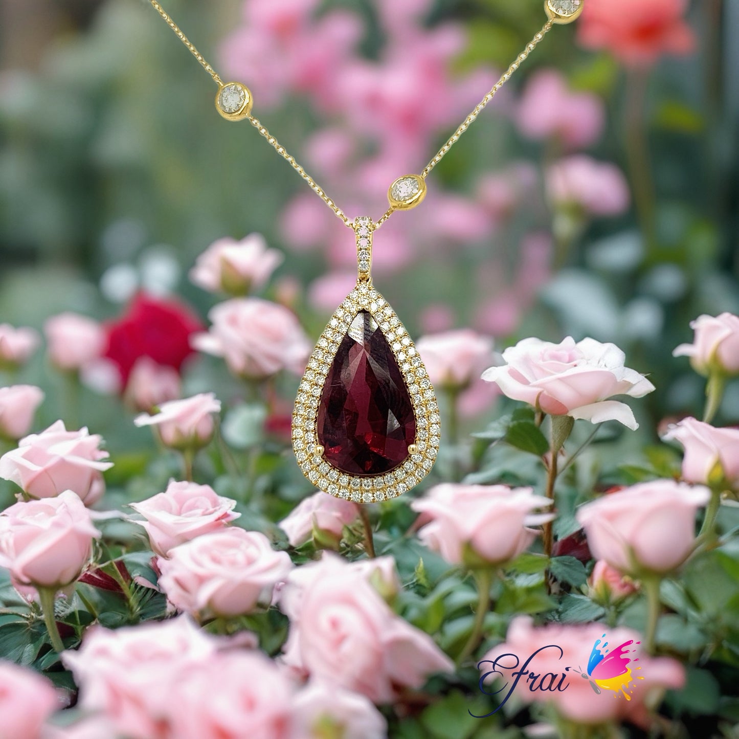 Natural big pear shaped deep red tourmaline and diamonds necklace