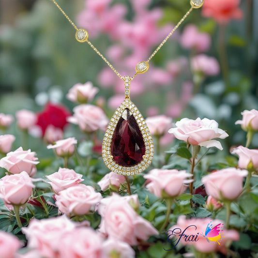 Natural big pear shaped deep red tourmaline and diamonds necklace